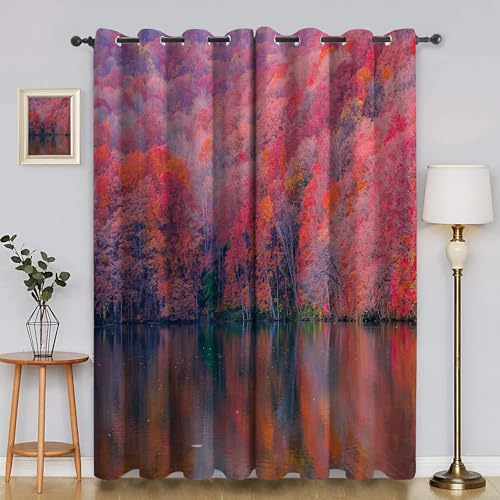 BSYYZQC Roter Laubwald Gardinen, Verdunklungsvorhänge Wald Schallschutz Vorhang, Blickdicht Vorhänge mit Ösen, Vorhänge Wohnzimmer für Schlafzimmer Kinderzimmer 2er Set 175x140cm (HxB) von BSYYZQC