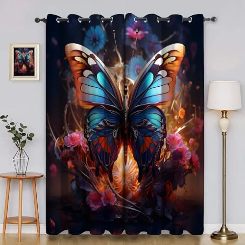BSYYZQC Schmetterling Vorhang Verdunkelung, Ösenvorhang Blumen Verdunklungsvorhänge Geräuschreduzierend, Polyester Anti-Fade Gardinen für Schlafzimmer 2er Set 260x140cm (HxB) von BSYYZQC