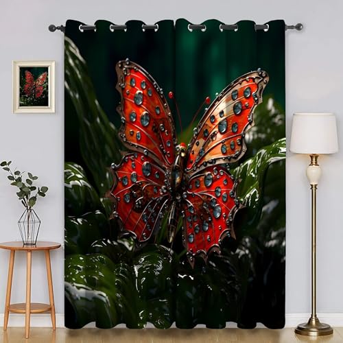 BSYYZQC Schmetterling Vorhang Verdunkelung, Ösenvorhang GrüNe Pflanzen Verdunklungsvorhänge Geräuschreduzierend, Polyester Anti-Fade Gardinen für Schlafzimmer 2er Set 260x140cm (HxB) von BSYYZQC