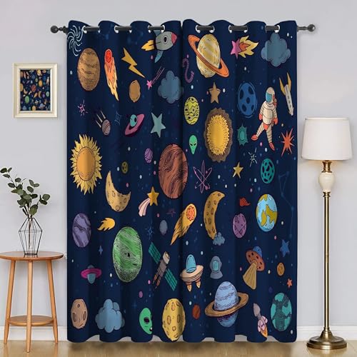 BSYYZQC Sonne Vorhang Verdunkelung, Ösenvorhang Astronaut Verdunklungsvorhänge Geräuschreduzierend, Polyester Anti-Fade Gardinen für Schlafzimmer 2er Set 260x140cm (HxB) von BSYYZQC
