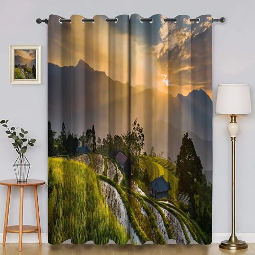 BSYYZQC Sonnenuntergang Verdunkelungsvorhang, Vorhang Blickdicht Reisfeld Vorhänge mit Ösen, Gardinen Verdunklungsvorhänge für Wohnzimmer Schlafzimmer Kinderzimmer 2er Set 145x140cm (HxB) von BSYYZQC