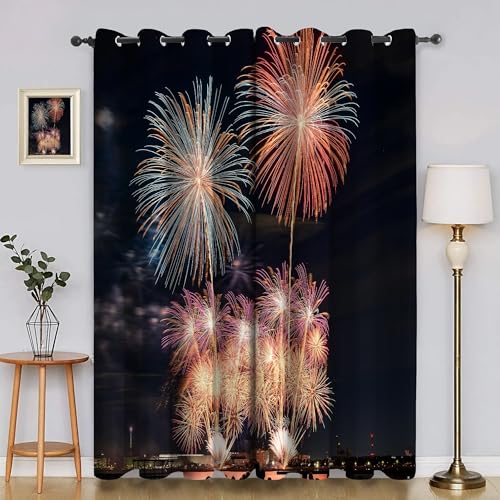 BSYYZQC Stadt Verdunkelungsvorhang, Vorhang Blickdicht Feuerwerk Vorhänge mit Ösen, Gardinen Verdunklungsvorhänge für Wohnzimmer Schlafzimmer Kinderzimmer 2er Set 145x140cm (HxB) von BSYYZQC