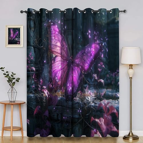 BSYYZQC Stein Gardinen, Verdunklungsvorhänge Lila Schmetterling Schallschutz Vorhang, Blickdicht Vorhänge mit Ösen, Vorhänge Wohnzimmer für Schlafzimmer Kinderzimmer 2er Set 175x140cm (HxB) von BSYYZQC