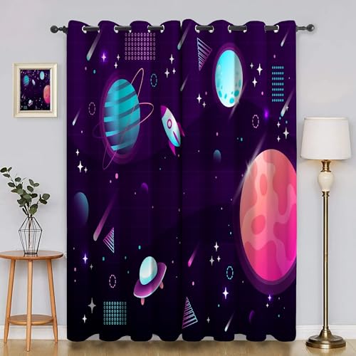 BSYYZQC Sternenhimmel Vorhang Verdunkelung, Ösenvorhang Planet Verdunklungsvorhänge Geräuschreduzierend, Polyester Anti-Fade Gardinen für Schlafzimmer 2er Set 260x140cm (HxB) von BSYYZQC