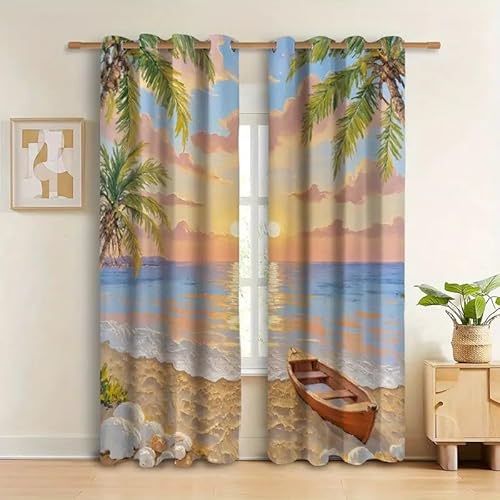 BSYYZQC Strand Vorhang Verdunkelung, Ösenvorhang Kokospalmen Verdunklungsvorhänge Geräuschreduzierend, Polyester Anti-Fade Gardinen für Schlafzimmer 2er Set 260x140cm (HxB) von BSYYZQC