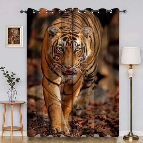 BSYYZQC Tiger Vorhang Verdunkelung, Ösenvorhang Ahornblatt Verdunklungsvorhänge Geräuschreduzierend, Polyester Anti-Fade Gardinen für Schlafzimmer 2er Set 260x140cm (HxB) von BSYYZQC
