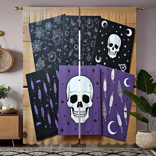 BSYYZQC Totenkopf Dekoration Vorhang Verdunkelung, Ösenvorhang Mond Verdunklungsvorhänge Geräuschreduzierend, Polyester Anti-Fade Gardinen für Schlafzimmer 2er Set 260x140cm (HxB) von BSYYZQC