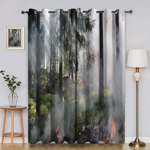 BSYYZQC Wald Gardinen, Verdunklungsvorhänge Flammen Schallschutz Vorhang, Blickdicht Vorhänge mit Ösen, Vorhänge Wohnzimmer für Schlafzimmer Kinderzimmer 2er Set 175x140cm (HxB) von BSYYZQC