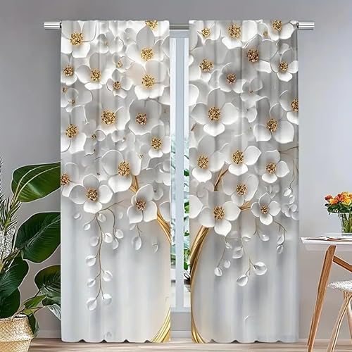 BSYYZQC WeißE Blumen Vorhang Verdunkelung, Ösenvorhang Kunst Verdunklungsvorhänge Geräuschreduzierend, Polyester Anti-Fade Gardinen für Schlafzimmer 2er Set 260x140cm (HxB) von BSYYZQC