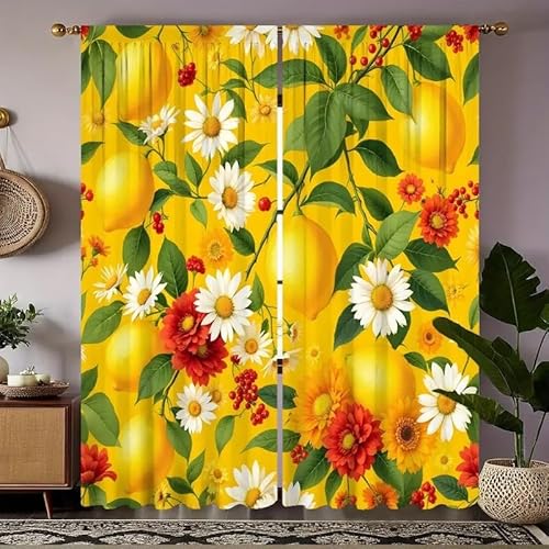BSYYZQC WeißE Blumen Vorhang Verdunkelung, Ösenvorhang Zitrone Verdunklungsvorhänge Geräuschreduzierend, Polyester Anti-Fade Gardinen für Schlafzimmer 2er Set 260x140cm (HxB) von BSYYZQC