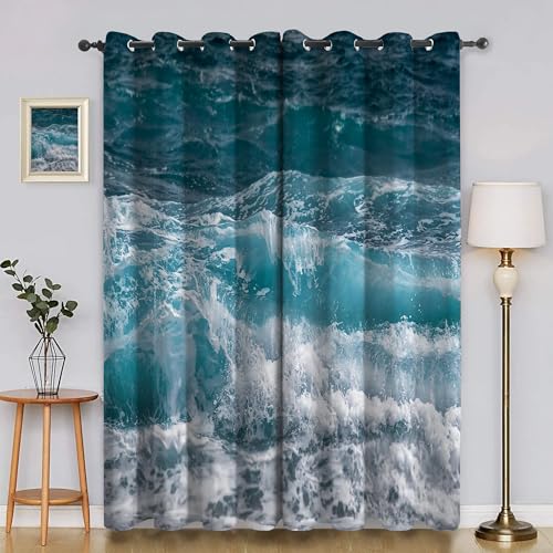 BSYYZQC Wellen Vorhang Verdunkelung, Ösenvorhang Meer Verdunklungsvorhänge Geräuschreduzierend, Polyester Anti-Fade Gardinen für Schlafzimmer 2er Set 260x140cm (HxB) von BSYYZQC