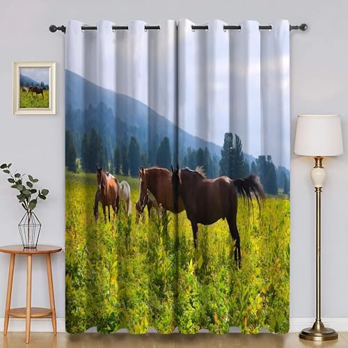 BSYYZQC Wiese Vorhang Verdunkelung, Ösenvorhang Pferd Verdunklungsvorhänge Geräuschreduzierend, Polyester Anti-Fade Gardinen für Schlafzimmer 2er Set 260x140cm (HxB) von BSYYZQC