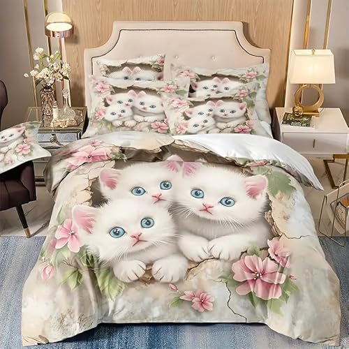 Bettbezug 220x240 Katze, Bettwaesche Blumen, Weich Atmungsaktiv Mikrofaser Bettwäsche Set mit Reißverschluss, 1 Bettbezüge und 2 Kissenbezüge 80x80 cm Bettbezug 220x240 Katze, Bettwaesche Blumen, Weich Atmungsaktiv Mikrofaser Bettwäsche Set mit Reißverschluss, 1 Bettbezüge und 2 Kissenbezüge 80x80 cm von BSYYZQC