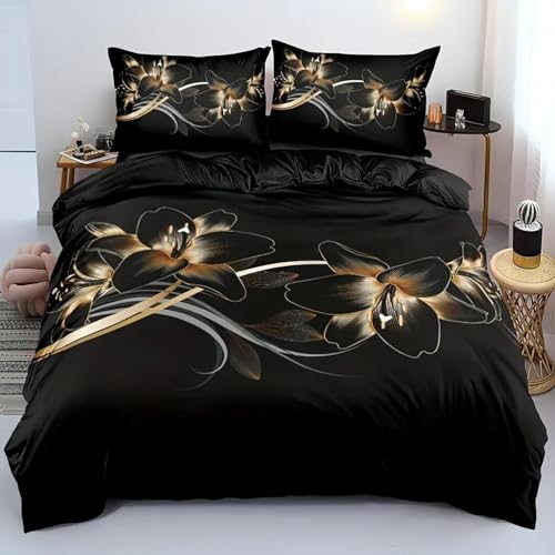 BettwäSche 135x200 Schwarz Bettbezug Luxuriös Flauschig mit ReißVerschluss Blumen BettwäSche-Sets 2 Teilig Set Weiche Atmungsaktiv Mikrofaser BettbezüGe und 2 Kissenbezug von BSYYZQC