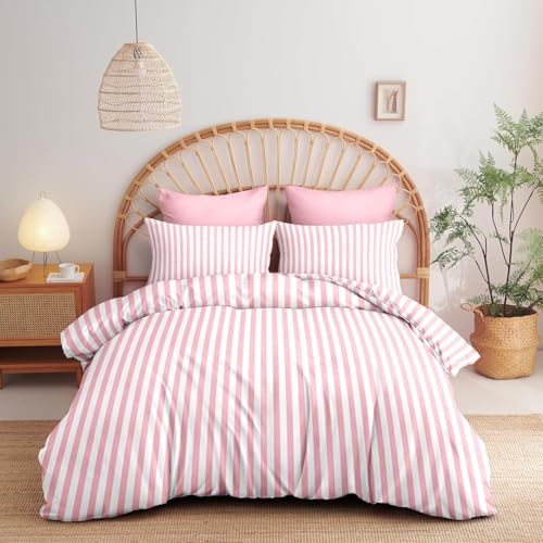 BettwäSche 220x240 Rosa BettwäSche-Sets Microfaser Flauschig Bettzeug Streifen Muster Bettbezug füR MäDchen Jungen und Kissenbezug 80x80 mit ReißVerschluss von BSYYZQC