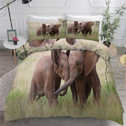 Bettwäsche 135x200 3teilig Elefant Mikrofaser Bettbezug Wildtiere Bettwäsche-Sets mit 2 Kissenbezüge 80x80cm, Wendebettwäsche Bedding mit Reißverschluss von BSYYZQC