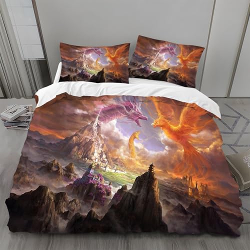 Bettwäsche 135x200 PhöNix Bettwäsche-Sets Fantasiedrache Bettbezug Weiche Atmungsaktiv Mikrofaser mit Reißverschluss und 2 Kissenbezüge 80x80 für Kinder Geeignet von BSYYZQC