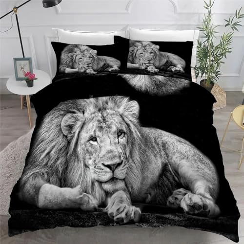Bettwäsche 140x200 3teilig LöWe Mikrofaser Bettbezug Wildtiere Bettwäsche-Sets mit 2 Kissenbezüge 80x80cm, Wendebettwäsche Bedding mit Reißverschluss von BSYYZQC