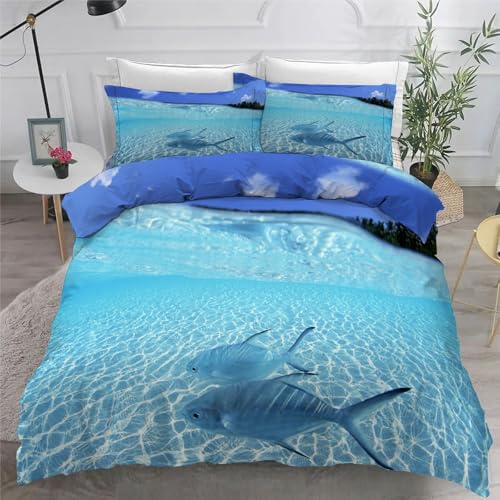Bettwäsche 140x200 3teilig Tropischer Fisch Mikrofaser Bettbezug Blau Bettwäsche-Sets mit 2 Kissenbezüge 80x80cm, Wendebettwäsche Bedding mit Reißverschluss von BSYYZQC