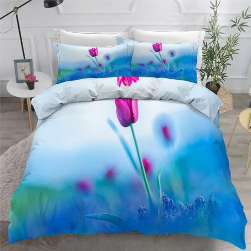 Bettwäsche 155x220 3teilig Blau Mikrofaser Bettbezug Blumen Bettwäsche-Sets mit 2 Kissenbezüge 80x80cm, Wendebettwäsche Bedding mit Reißverschluss von BSYYZQC