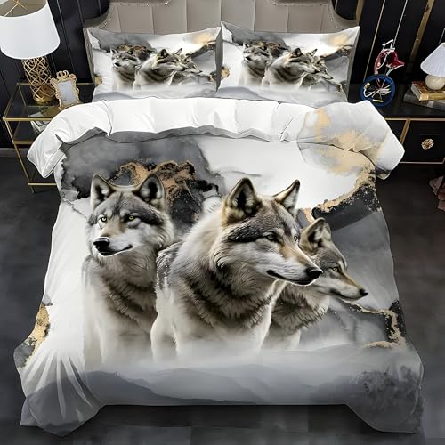 Bettwäsche 155x220 Grauer Wolf Bettwäsche-Sets Marmor Bettbezug Weiche Atmungsaktiv Mikrofaser mit Reißverschluss und 2 Kissenbezüge 80x80 für Erwachsene Geeignet von BSYYZQC
