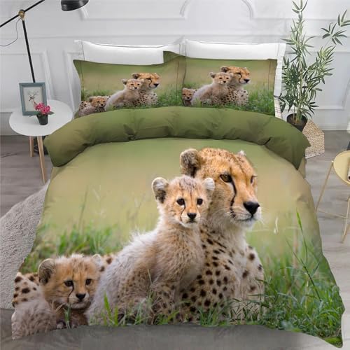 Bettwäsche 180x200 3teilig Gepard Mikrofaser Bettbezug Niedlich Bettwäsche-Sets mit 2 Kissenbezüge 80x80cm, Wendebettwäsche Bedding mit Reißverschluss von BSYYZQC