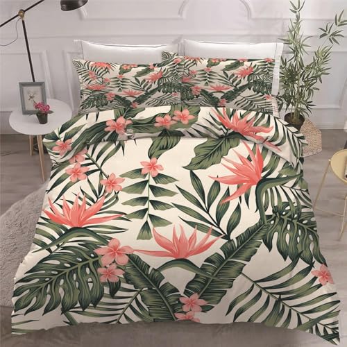 Bettwäsche 200x200 3teilig Blatt Mikrofaser Bettbezug Blumen Bettwäsche-Sets mit 2 Kissenbezüge 80x80cm, Wendebettwäsche Bedding mit Reißverschluss von BSYYZQC