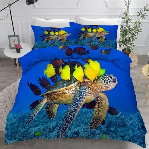 Bettwäsche 200x200 3teilig MeeresschildkröTe Mikrofaser Bettbezug Tropische Fische Bettwäsche-Sets mit 2 Kissenbezüge 80x80cm, Wendebettwäsche Bedding mit Reißverschluss von BSYYZQC