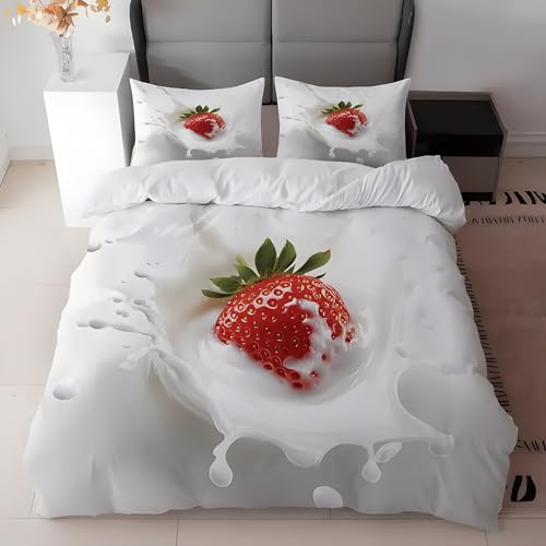 Bettwäsche 200x200 Milch Bettwäsche-Sets Erdbeere Bettbezug Weiche Atmungsaktiv Mikrofaser mit Reißverschluss und 2 Kissenbezüge 80x80 für Erwachsene Geeignet von BSYYZQC