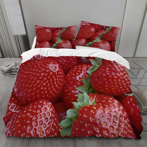 Bettwäsche 200x200 Obst Bettwäsche-Sets Erdbeeren Bettbezug Weiche Atmungsaktiv Mikrofaser mit Reißverschluss und 2 Kissenbezüge 80x80 für Erwachsene Geeignet von BSYYZQC