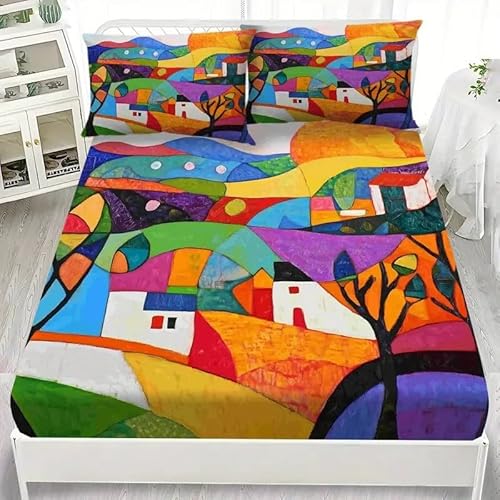 Spanbettlaken 140x200 Blumen Spannbetttuch Kunst Bettlaken Boxspringbett mit Gummizug Spannbettuch Mikrofaser für Matratzen von 30 cm Mit 2 Kissenbezüge 80x80 cm von BSYYZQC