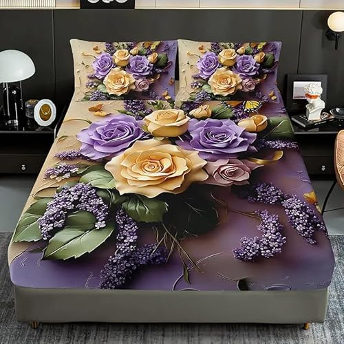 Spannbettlaken 120x200cm MarienkäFer Spannbetttuch Lila Blume Bettlaken Boxspringbett mit Gummizug Spannbettuch Mikrofaser für Matratzen von 30 cm Mit 2 Kissenbezüge 80x80 cm von BSYYZQC