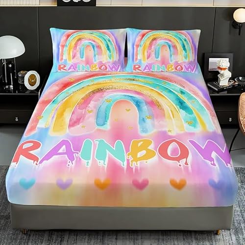 Spannbettlaken 120x200cm Mond Spannbetttuch Regenbogen Bettlaken Boxspringbett mit Gummizug Spannbettuch Mikrofaser für Matratzen von 30 cm Mit 2 Kissenbezüge 80x80 cm von BSYYZQC