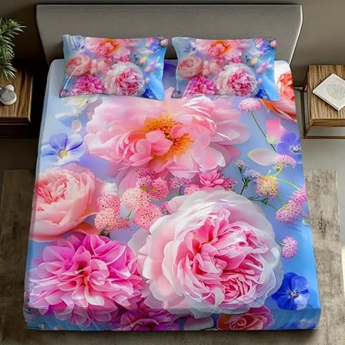 Spannbettlaken 120x200cm Planet Spannbetttuch Pfingstrose Bettlaken Boxspringbett mit Gummizug Spannbettuch Mikrofaser für Matratzen von 30 cm Mit 2 Kissenbezüge 80x80 cm von BSYYZQC