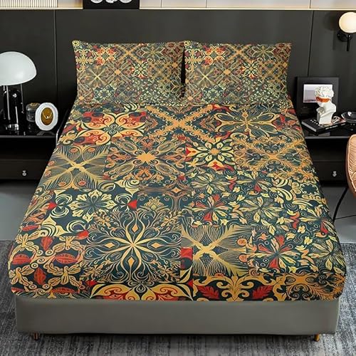 Spannbettlaken 120x200cm Rosen Spannbetttuch Ethno Bettlaken Boxspringbett mit Gummizug Spannbettuch Mikrofaser für Matratzen von 30 cm Mit 2 Kissenbezüge 80x80 cm von BSYYZQC