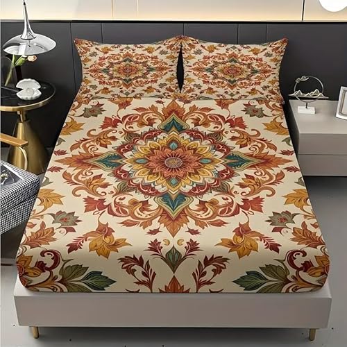 Spannbettlaken 200x200 Cartoon Baumhaus Spannbetttuch Bohemian Bettlaken Boxspringbett mit Gummizug Spannbettuch Mikrofaser für Matratzen von 30 cm Mit 2 Kissenbezüge 80x80 cm von BSYYZQC