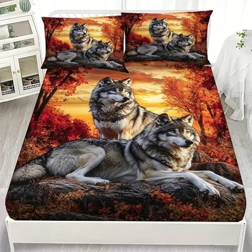 Spannbettlaken 200x200 Nilpferd Spannbetttuch Wolfsrudel Bettlaken Boxspringbett mit Gummizug Spannbettuch Mikrofaser für Matratzen von 30 cm Mit 2 Kissenbezüge 80x80 cm von BSYYZQC