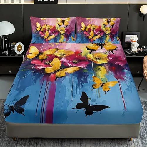Spannbettlaken 90x200cm Marmor Spannbetttuch Gelber Schmetterling Bettlaken Boxspringbett mit Gummizug Spannbettuch Mikrofaser für Matratzen von 30 cm Mit 2 Kissenbezüge 80x80 cm von BSYYZQC