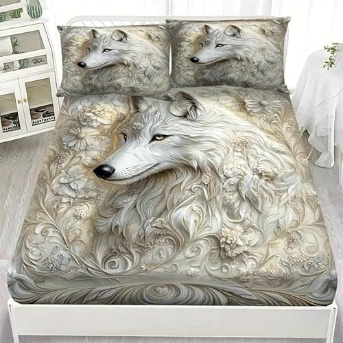 Spannbettlaken 90x200cm Wolf Spannbetttuch Wolf Bettlaken Boxspringbett mit Gummizug Spannbettuch Mikrofaser für Matratzen von 30 cm Mit 2 Kissenbezüge 80x80 cm von BSYYZQC