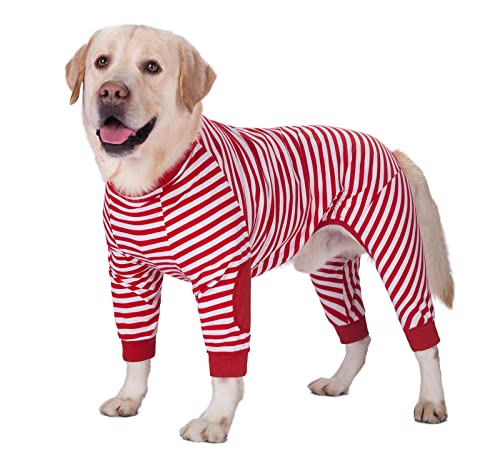 Große Hundekleidung, Hunde-Schlafanzug, Overall, flexibel, atmungsaktiv, Reißverschluss, weiche Baumwolle, gestreift, Hundebekleidung für mittelgroße Hunde und große Hunde (7 Rückenlänge, 55 cm, Rot) von BT Bear