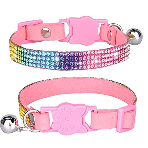 Haustier-Halsband, Leder, mit Glöckchen, Sicherheitsschnalle, glitzernd, Regenbogen-Strass-Halsband, verstellbar 20–32 cm, für Katzen, Welpen, kleine Hunde (Pink, XS) von BT Bear