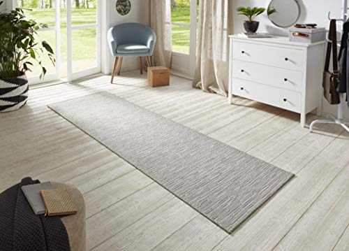 BT Carpet Nature Läufer In- und Outdoor – Schlingen Küchenläufer rutschfest Flachgewebe Kurzflor Woll-Optik Fineloop Küchenteppich für Flur, Garten, Terrasse, Badezimmer – Creme Grau, 80x450cm von BT Carpet