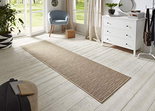 BT Carpet Nature Läufer In- und Outdoor – Schlingen Küchenläufer rutschfest Flachgewebe Kurzflor Woll-Optik Fineloop Küchenteppich für Flur, Küche, Garten, Terrasse, Badezimmer – Grau Gold, 80x350cm von BT Carpet