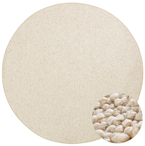 BT Carpet Wolly Teppich Rund – Wohnzimmerteppich Flachgewebe Kurzflor Woll-Optik Wolle Skandi-Look Esszimmer, Wohnzimmer, Kinderzimmer, Schlafzimmer – Creme, 133cm von BT Carpet