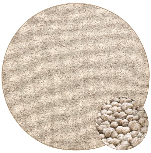 BT Carpet Wolly Teppich Rund – Wohnzimmerteppich Flachgewebe Kurzflor Woll-Optik Wolle Skandi-Look Esszimmer, Wohnzimmer, Kinderzimmer, Schlafzimmer – Creme, 133cm von BT Carpet