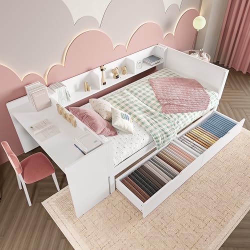 BTBHIHO Flachbett, Schlafsofa Mit Schreibtisch, Holzbett, Einzelbett Mit 2 Schubladen, Mit Regalen, Kiefer + Spanplatte, Weiß, 90x200 cm Ohne Matratze BTBHIHO Flachbett, Schlafsofa Mit Schreibtisch, Holzbett, Einzelbett Mit 2 Schubladen, Mit Regalen, Kiefer + Spanplatte, Weiß, 90x200 cm Ohne Matratze von BTBHIHO