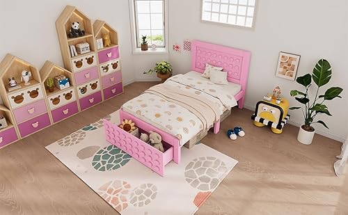BTBHIHO Kinderbett, Jugendbett, Holzbett, Einzelbett, Kreatives Baukasten-Design, Massivholzbettrahmen, Lattenrost, Mit Schubladen Und Unterbettkommode, Ohne Matratze (Pink + Wood + 90cm*200cm) von BTBHIHO