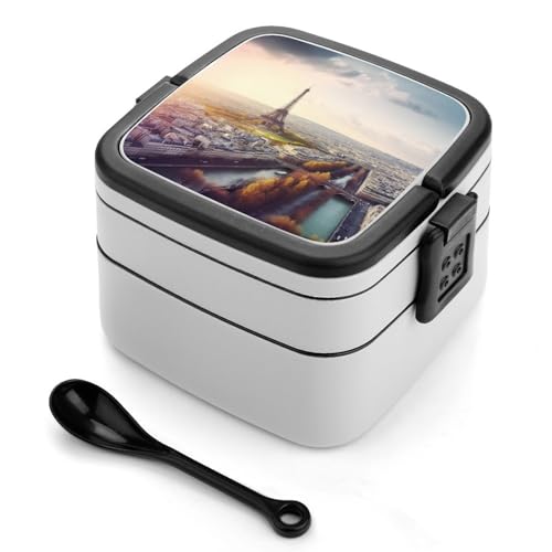 BTCOWZRV Aerial View Of Paris Cityscape Bento Box with Compartments Double Layer Bento Lunch Box with Spoon And Handle All-in-One Adult Lunchbox Leakproof Lunch Container for Work Picnic Travel von BTCOWZRV