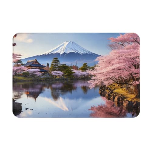 BTCOWZRV Mount Fuji Fußmatte mit Kirschblüten-Baum-Druck, saugfähig, rutschfest, 40,6 x 61 cm, Flanell, Willkommens-Fußmatte, Eingangsteppich, waschbar, Haustürmatte für Küche, Schlafzimmer, von BTCOWZRV