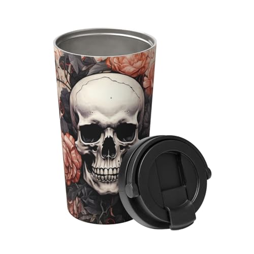 BTCOWZRV Reise-Kaffeebecher mit Totenkopf und Blumen, auslaufsicher, auslaufsicher, Kaffeebecher mit Deckel, isolierter Kaffeebecher, tragbarer Thermobecher, auslaufsicher, wiederverwendbar, von BTCOWZRV